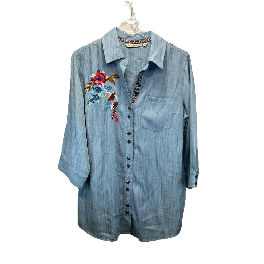 Soft Surroundings Women's Embroidered Chambray Beaded Tunic Top Button Up Small